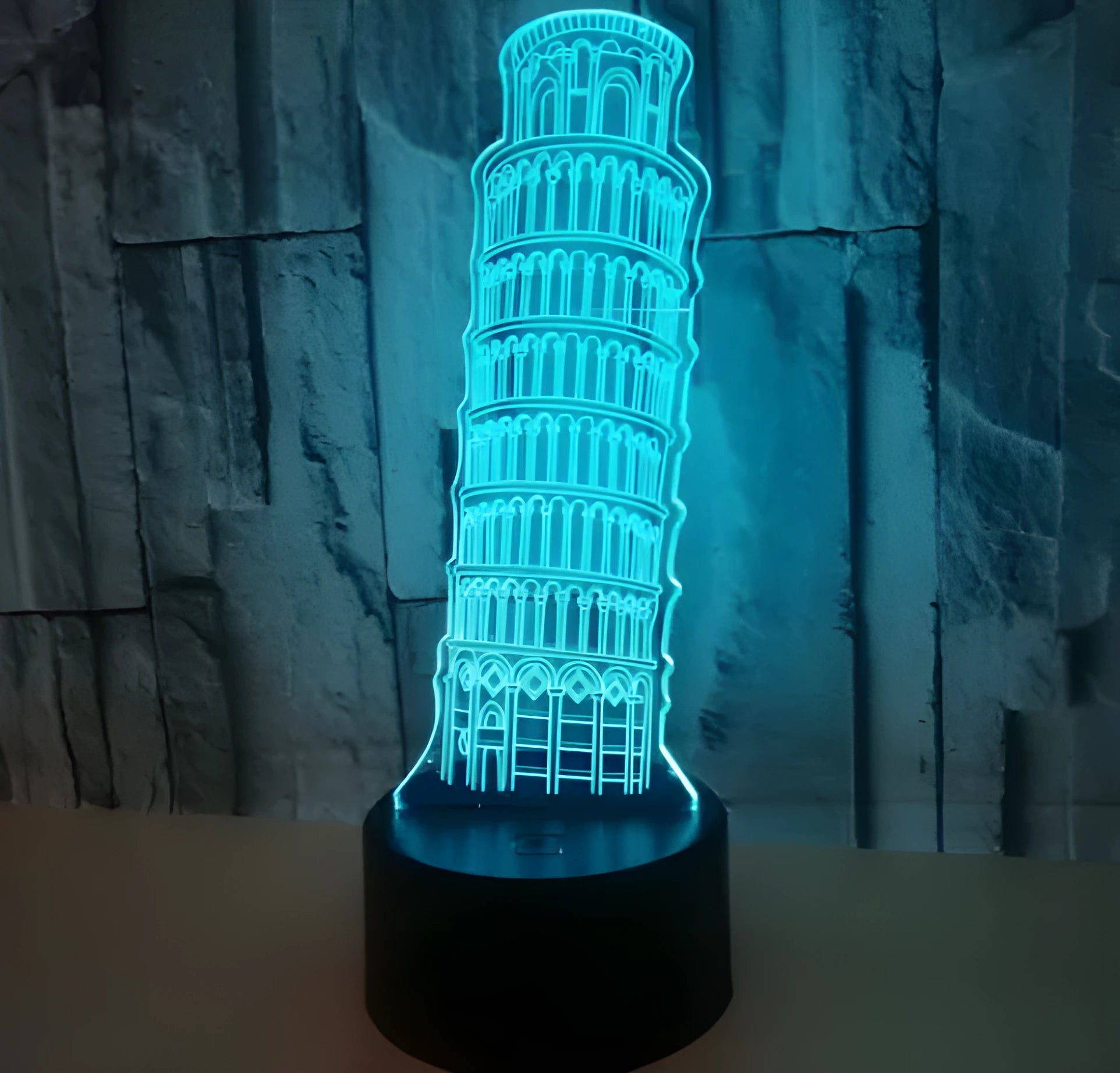 Leaning Tower of Pisa 3D acrylic nightlight with colour-changing LEDs on a black base
