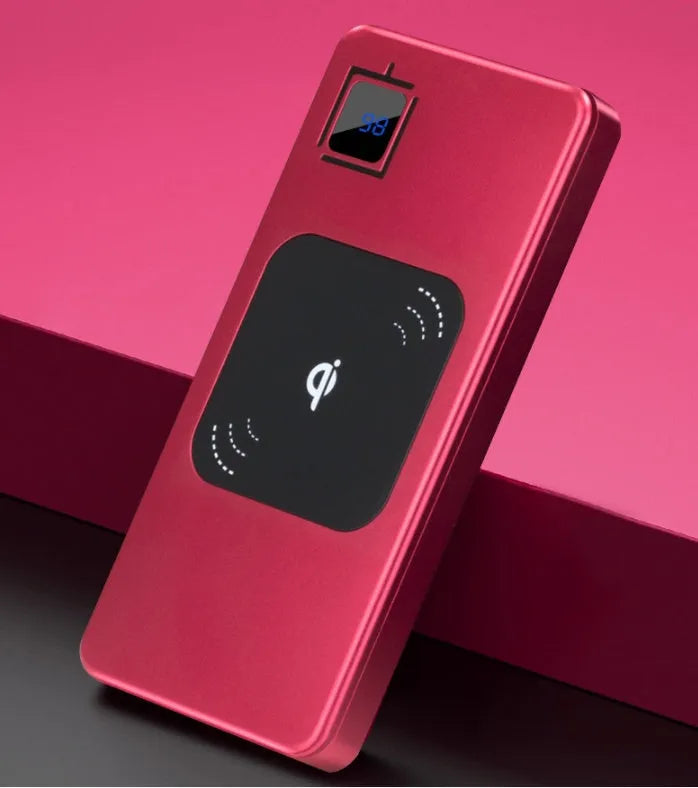 Silver alloy portable power bank with LCD screen showing battery percentage, alongside red and blue versions.