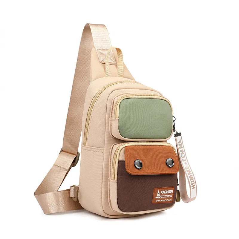 Multifunctional nylon crossbody shoulder bag with letter pattern in beige, black, or light brown for outdoor leisure storage.