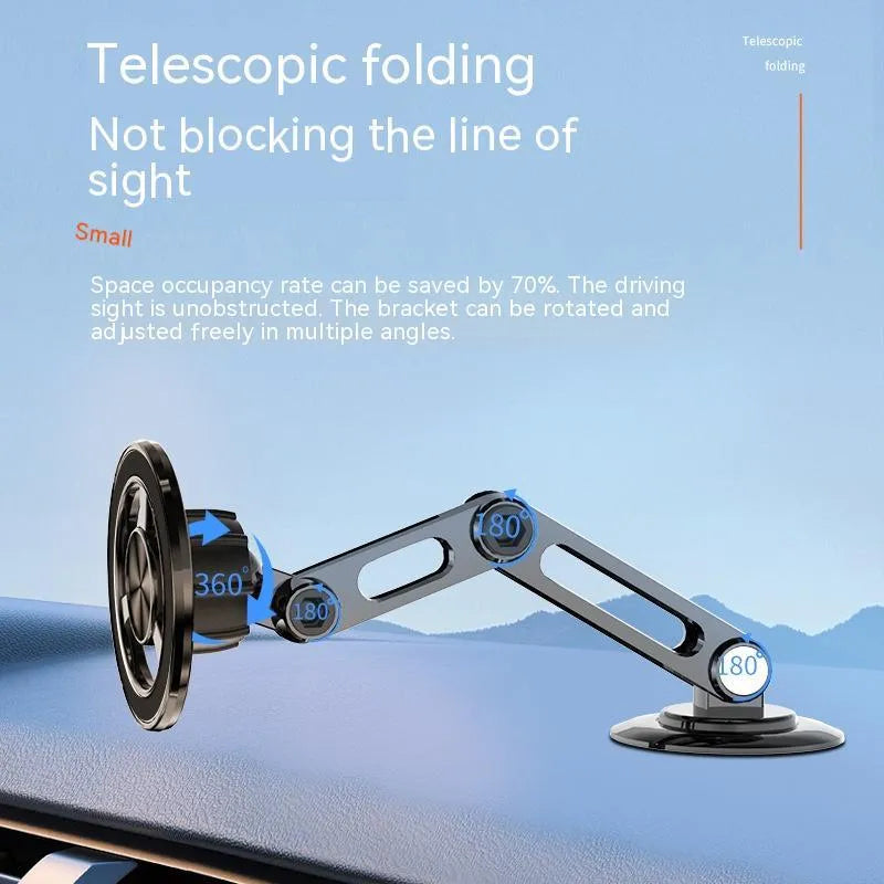All-metal magnetic car phone holder mounted on dashboard with phone attached, showing 360-degree rotation capability