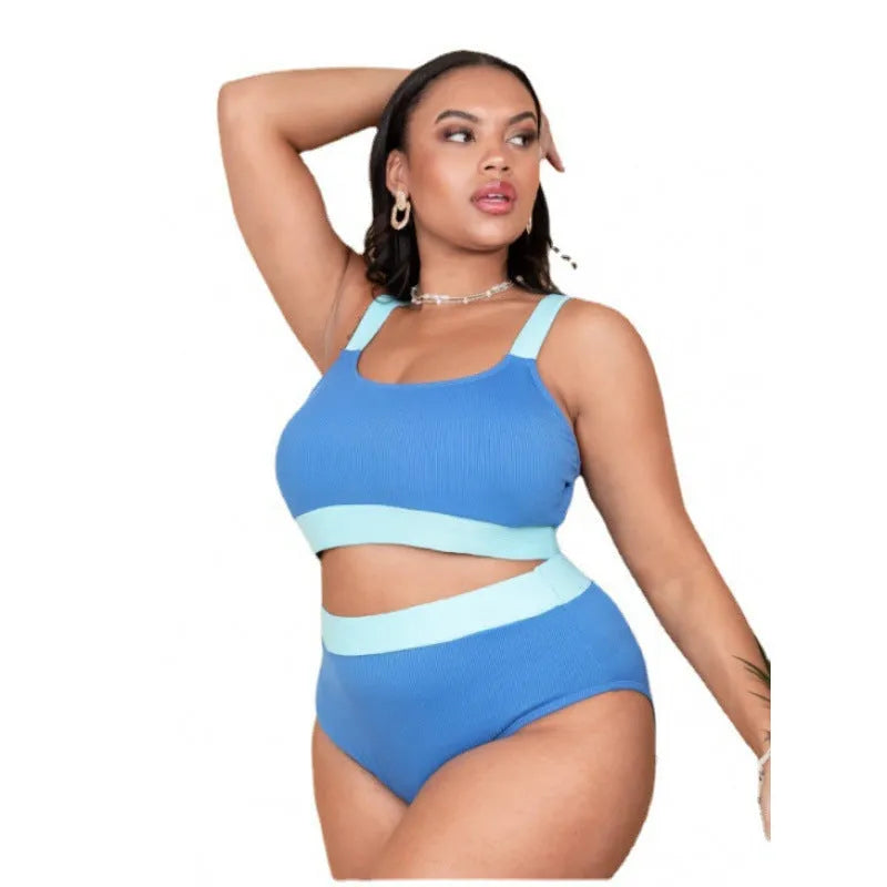 Women's high waist bikini swimsuit with pure colour stitching and split briefs design