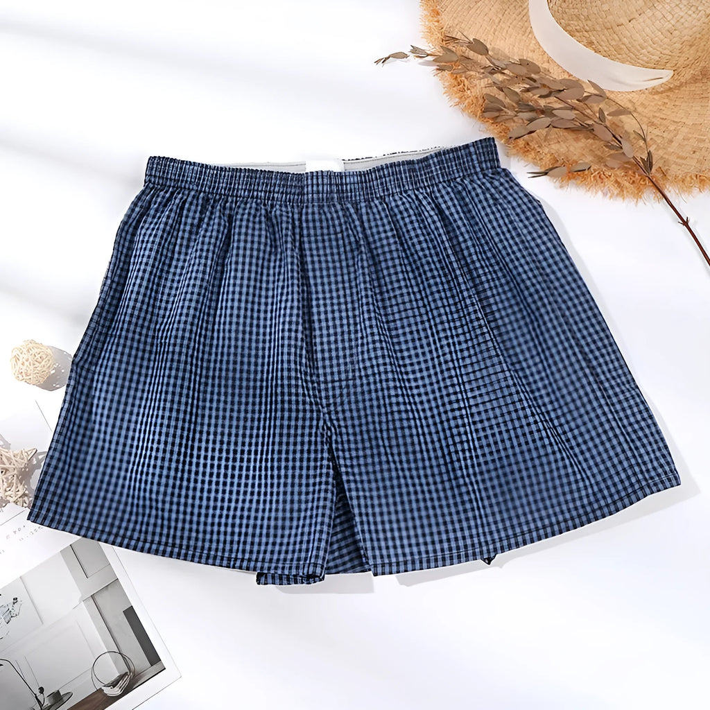 Men's loose cotton boxer shorts in blue, black and white plaid and red plaid, mid waist woven plus size S to XL