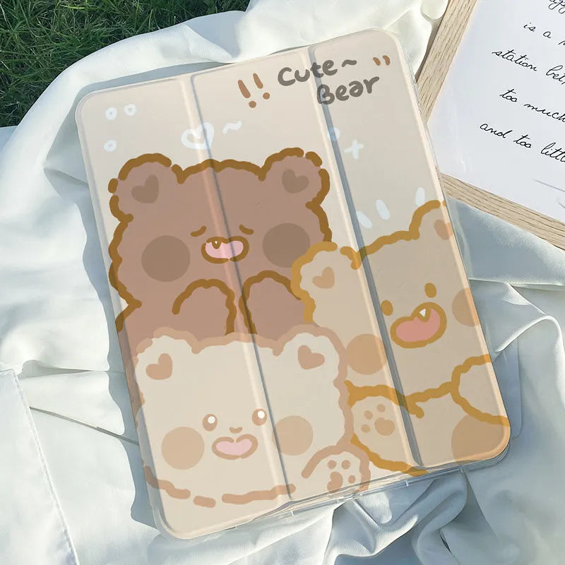 Silicone tri-fold protective case for iPad with cartoon rabbit design shown in flat and standing positions