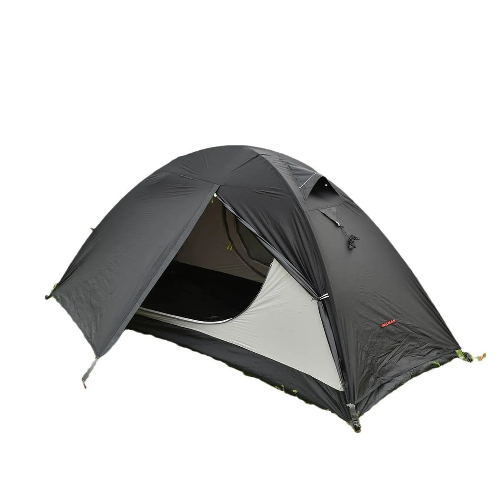 Single person camping tent with aluminium poles in red colour showing double layer construction