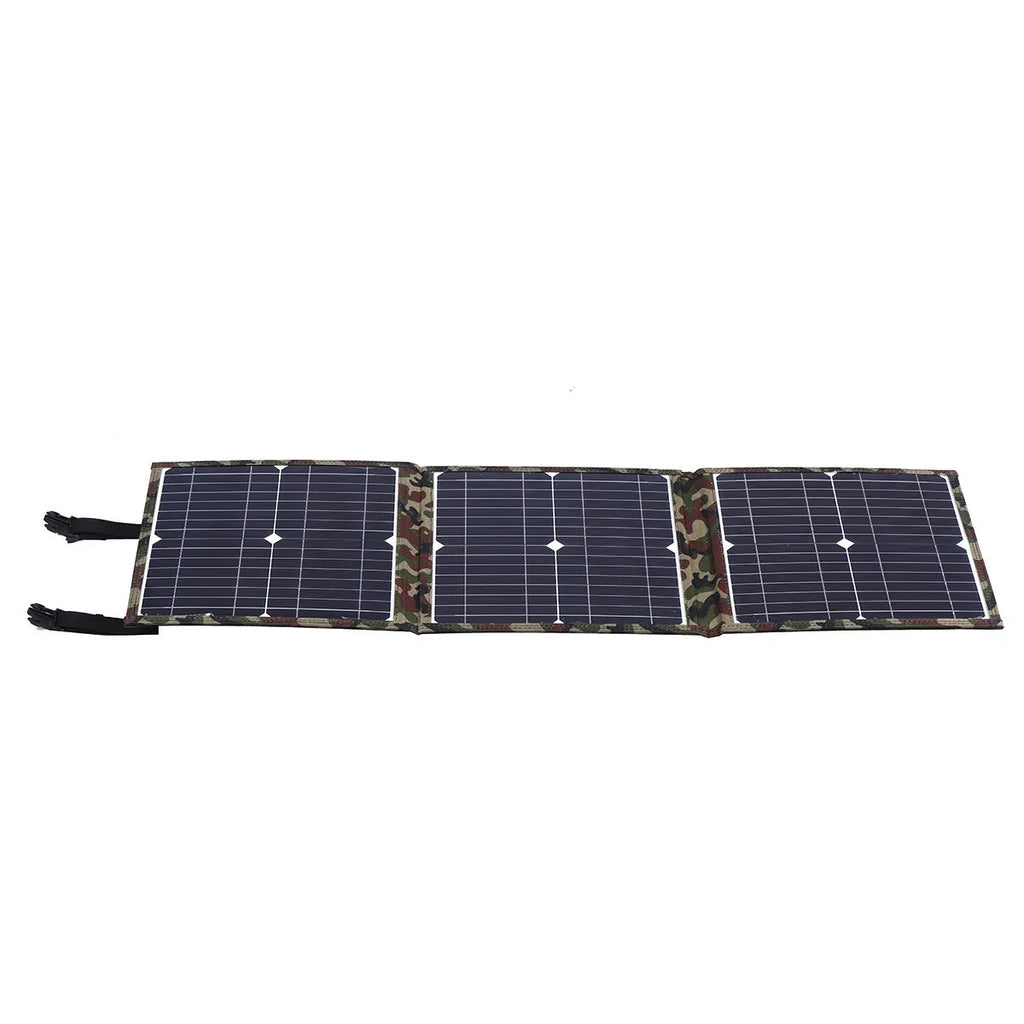 Black foldable 36W solar panel open showing three monocrystalline silicon cells with charging accessories