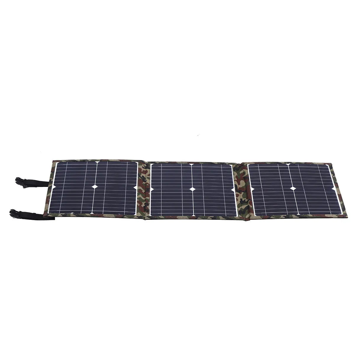 Black foldable 36W solar panel open showing three monocrystalline silicon cells with charging accessories