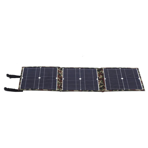 Black foldable 36W solar panel open showing three monocrystalline silicon cells with charging accessories