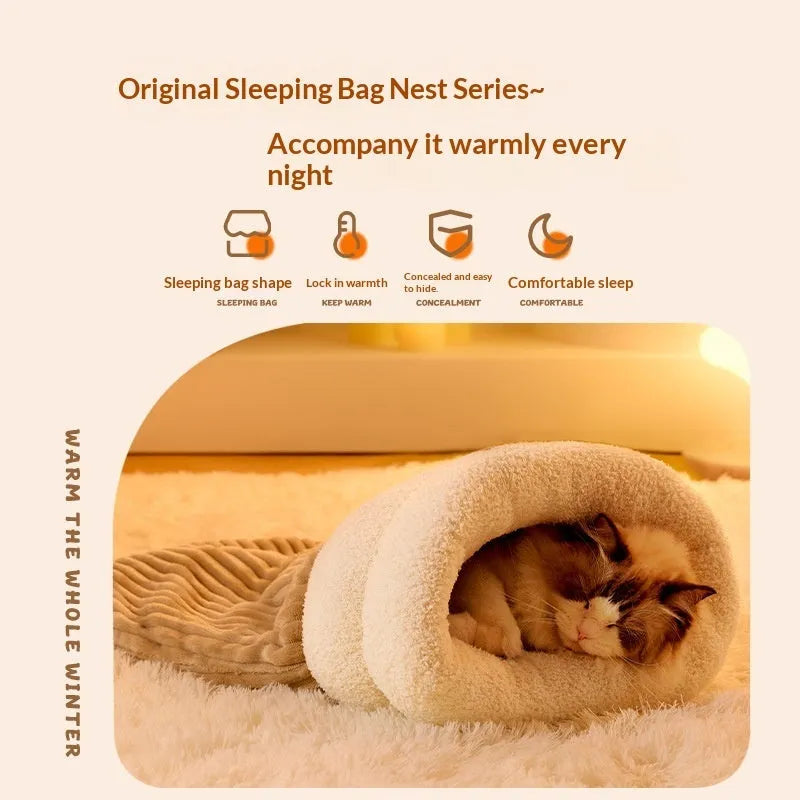 Warm cat bed sleeping bag in cotton fleece, thick corduroy and lamb fleece, sizes S M L, Brown Grey-Blue Beige