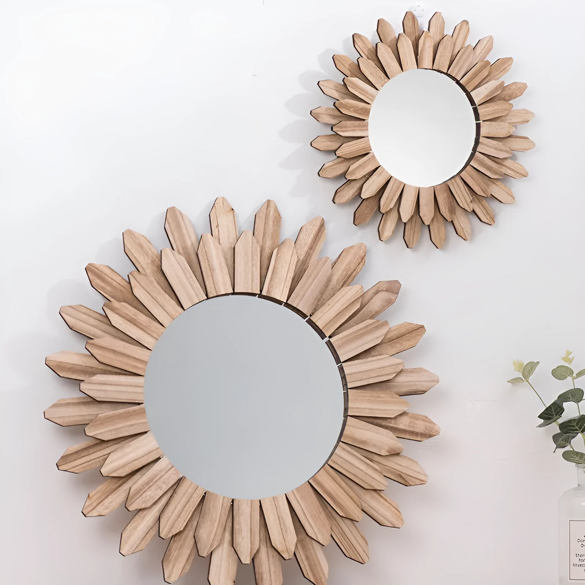 European-style solid wood hanging mirror in baked colour finish available in 30cm, 43cm, and 50cm diameters