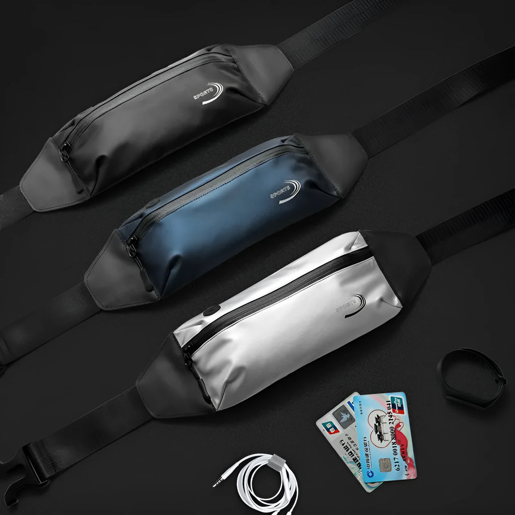 Men's waterproof waist bag in Derm Oxford polyester showing blue, black and grey colour options