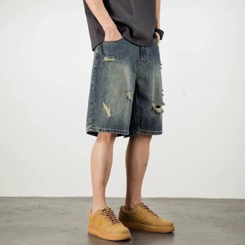 Blue retro loose hole denim shorts for men with straight cut and micro elasticity fabric