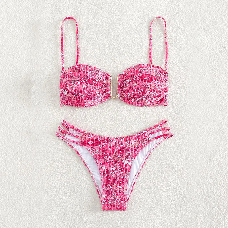 Women's floral bikini swimsuit set with high waist briefs in solid orange, blue, or rose red.