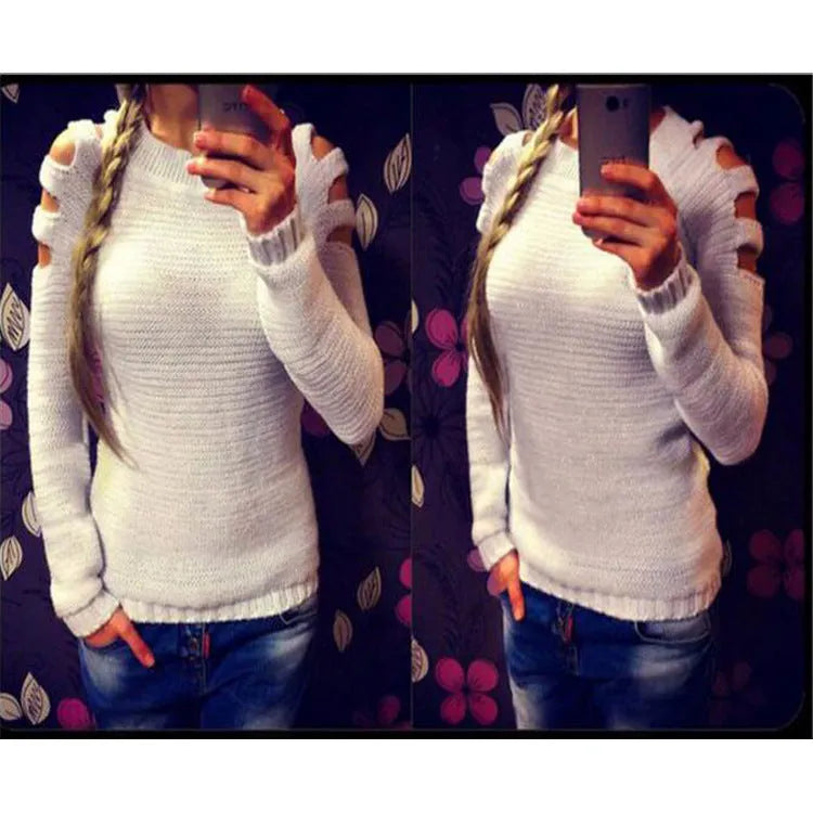 Women's white crocheted hollow-out pullover with long sleeves and textured pattern