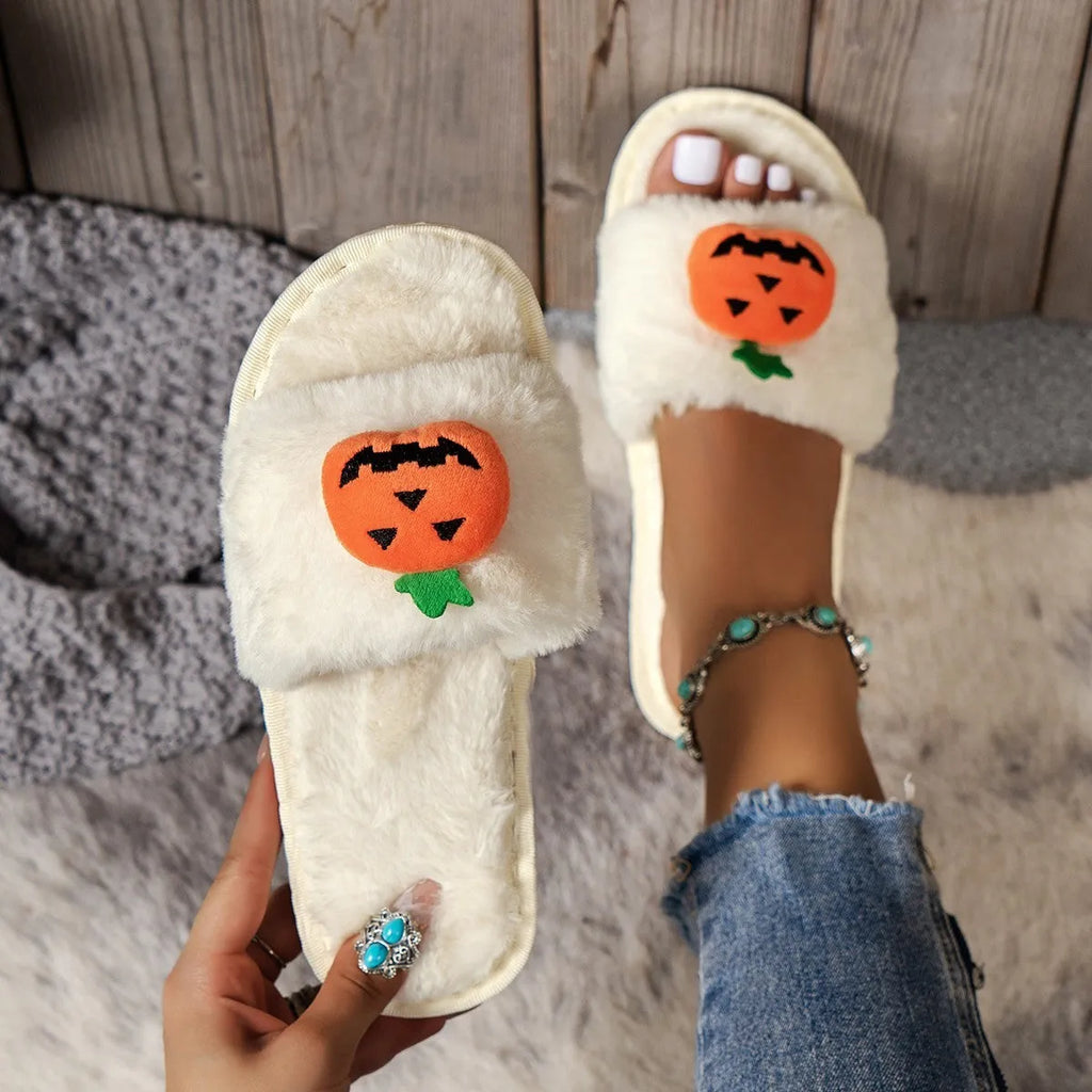 Pumpkin design plush slippers with synthetic fur upper and anti-slip soles in white or yellow
