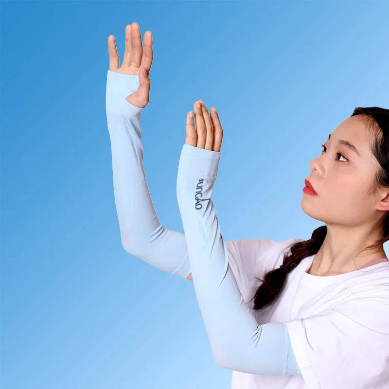White viscose fibre driving sun protection sleeves with open-finger design showing forearm coverage