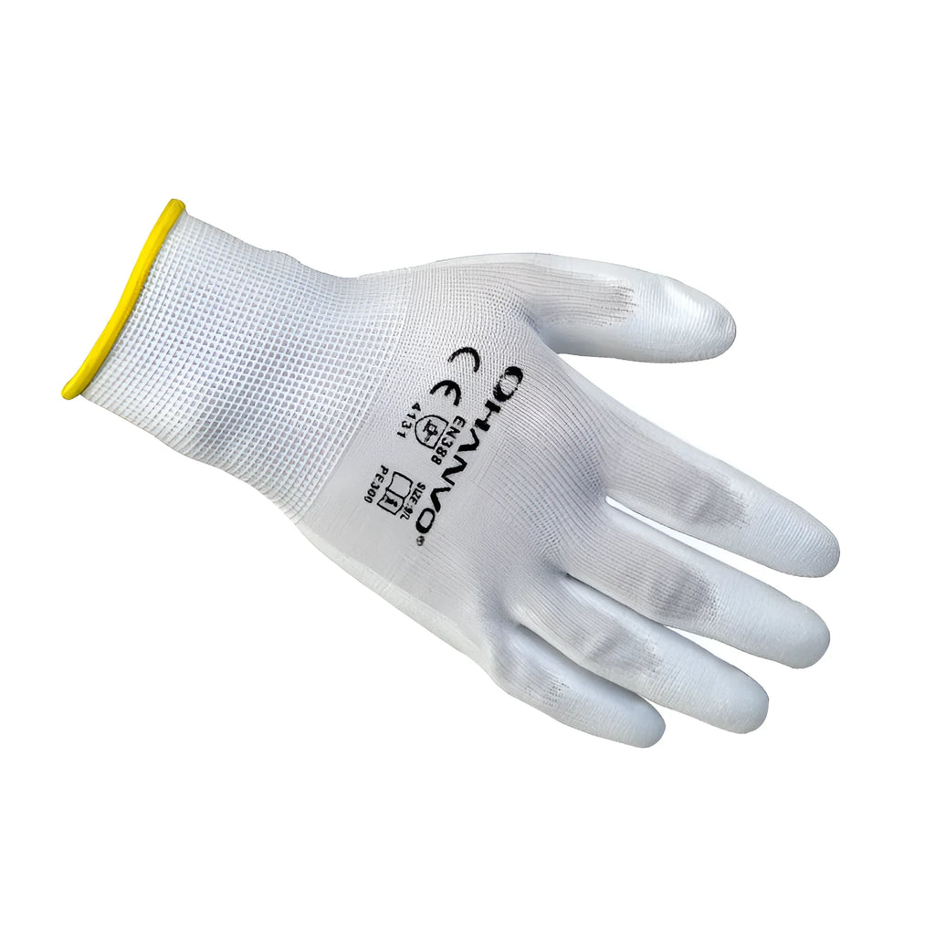 White PU coated labour gloves showing palm with textured coating, laid flat to show 24cm length.