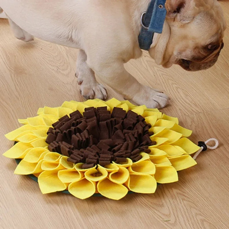 Yellow sunflower shaped dog snuffle mat with fleece petals for treat hiding games