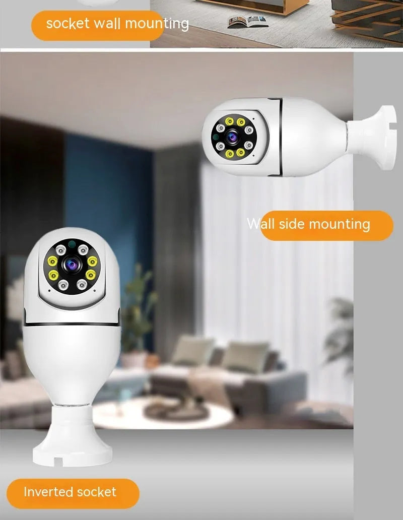 White wireless bulb security camera with lens, shown next to a ruler indicating 5cm width and 12cm height.