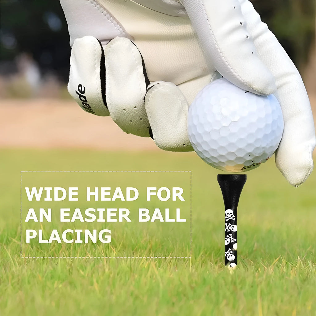 Black bamboo golf shoe dowel pins with skull print in 70mm and 83mm sizes, pack of 10