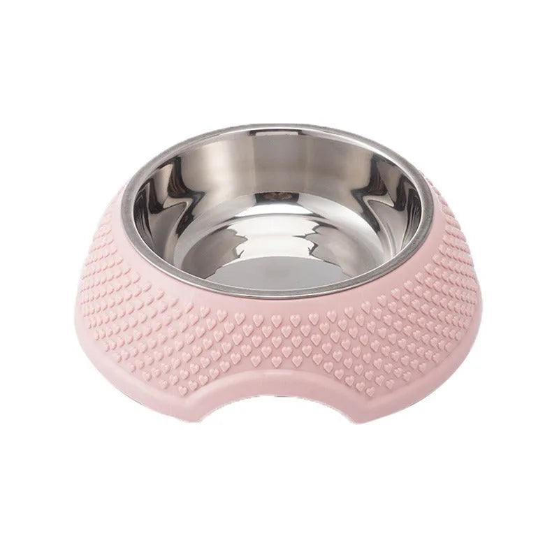 Set of four stainless steel pet bowls with non-slip bases in blue, green, and pink colours