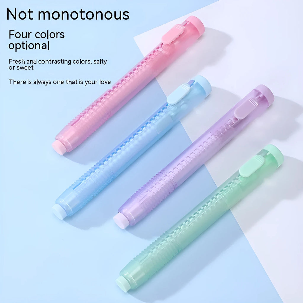 Push-type automatic children's eraser in blue, green, pink or purple, measuring 12 by 8 centimetres