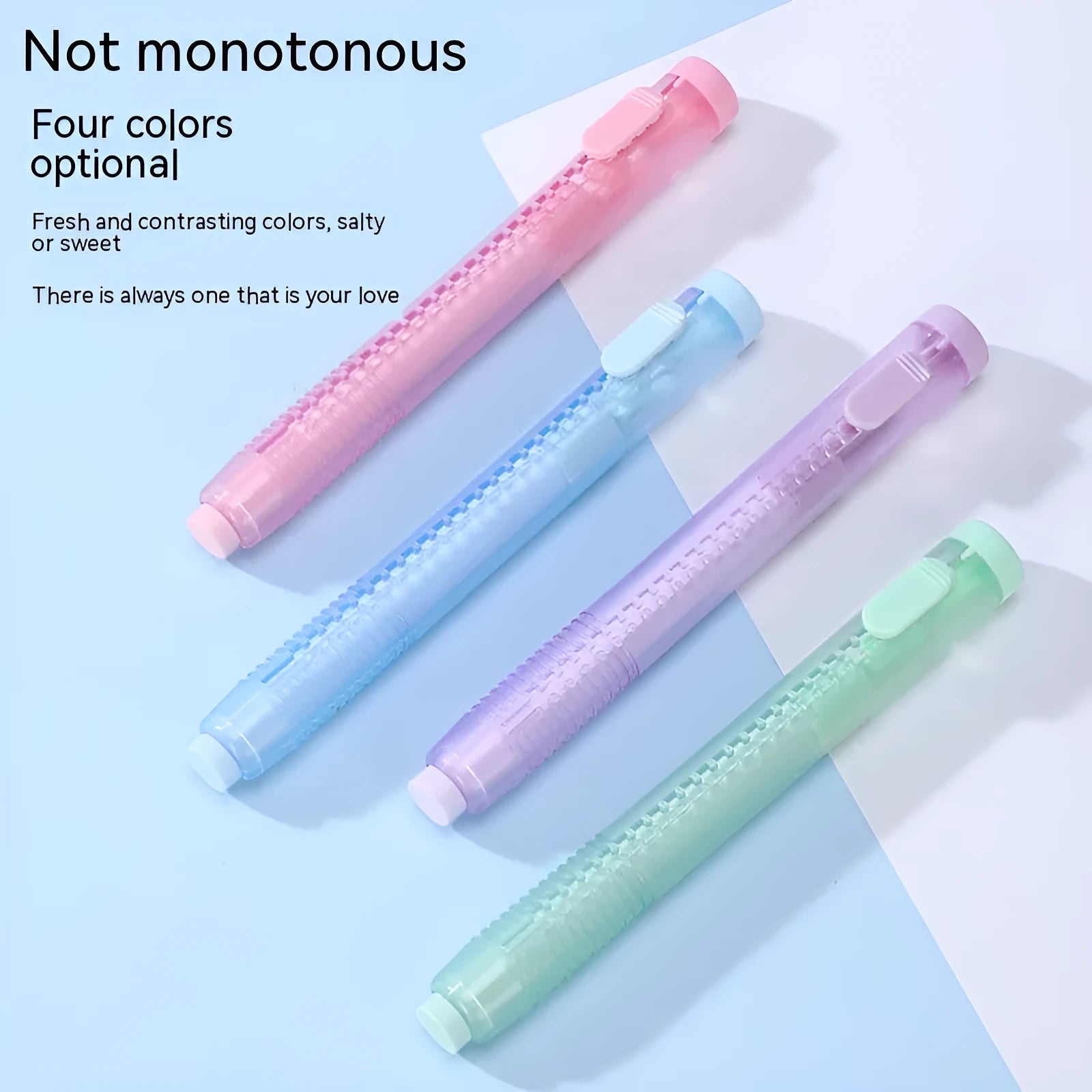Push-type automatic children's eraser in blue, green, pink or purple, measuring 12 by 8 centimetres