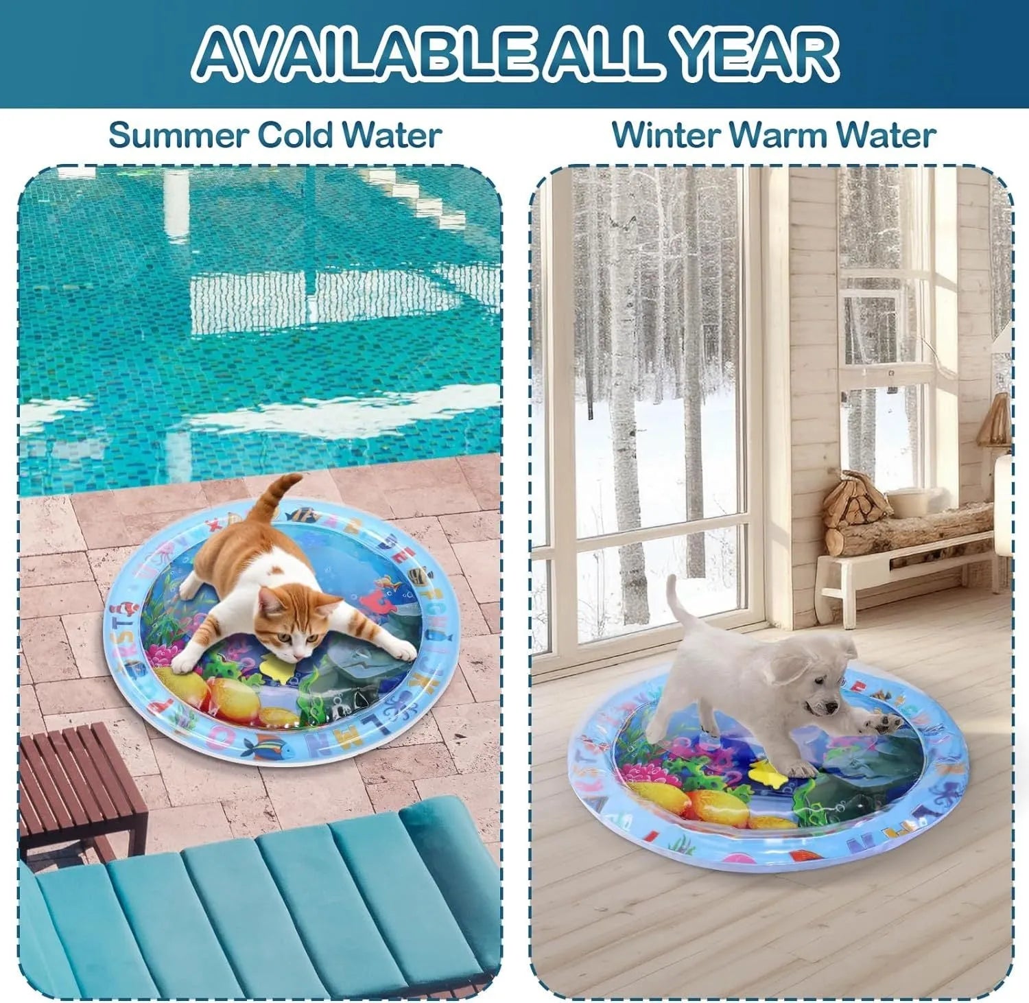 100cm square blue ocean theme water playmat for cats with floating fish toys on PVC surface