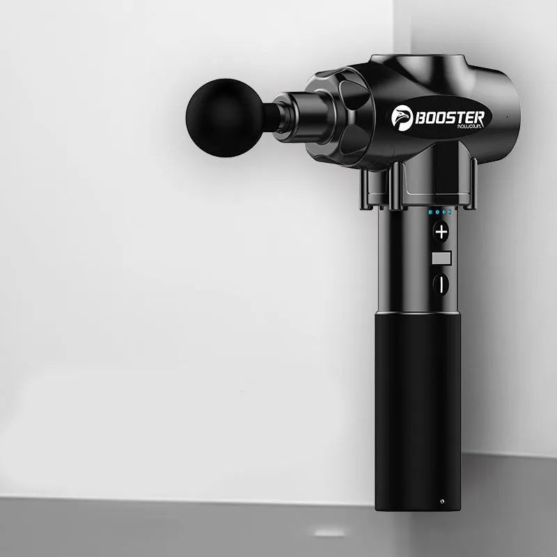 Black and white muscle massage gun with adjustable speed control and lithium battery power