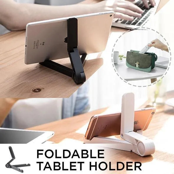 Black foldable tablet holder open on a desk supporting a tablet in landscape mode.