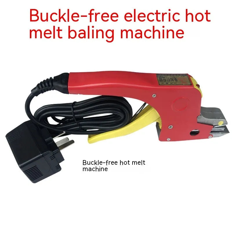 Electric hot melt packing machine kit with yellow tape and plastic steel tensioner, showing UK plug.