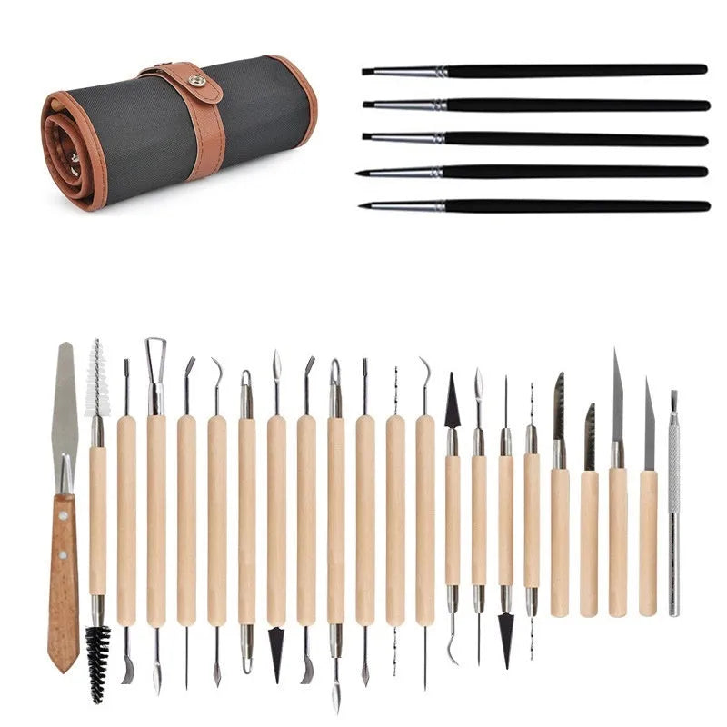 A 27-piece pottery clay tools set with wood, stainless steel, and plastic tools rolled up in packaging.