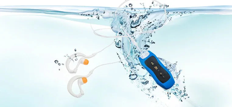 Compact black Bluetooth MP3 headset with IPX68 waterproof rating for sports.