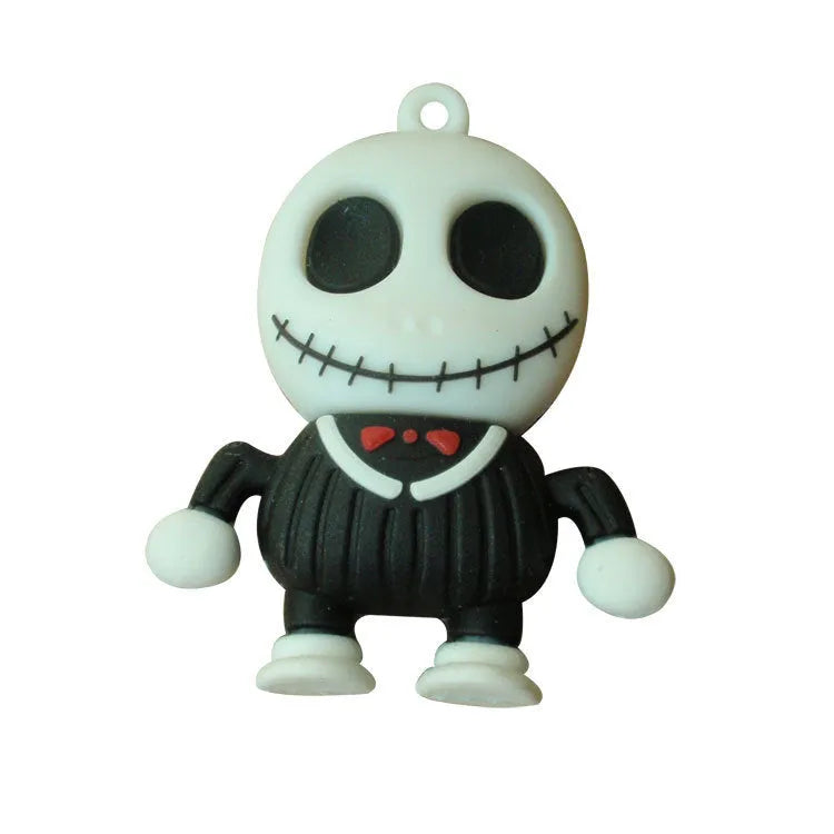 Halloween skeleton skull design USB flash drive with small chain on white background.