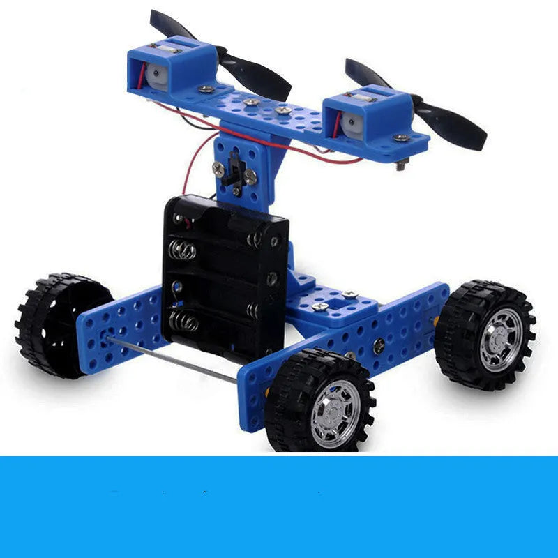 Blue DIY model toy wind car, ordinary wheel No. 35, physics experiment kit for ages 7 to 12