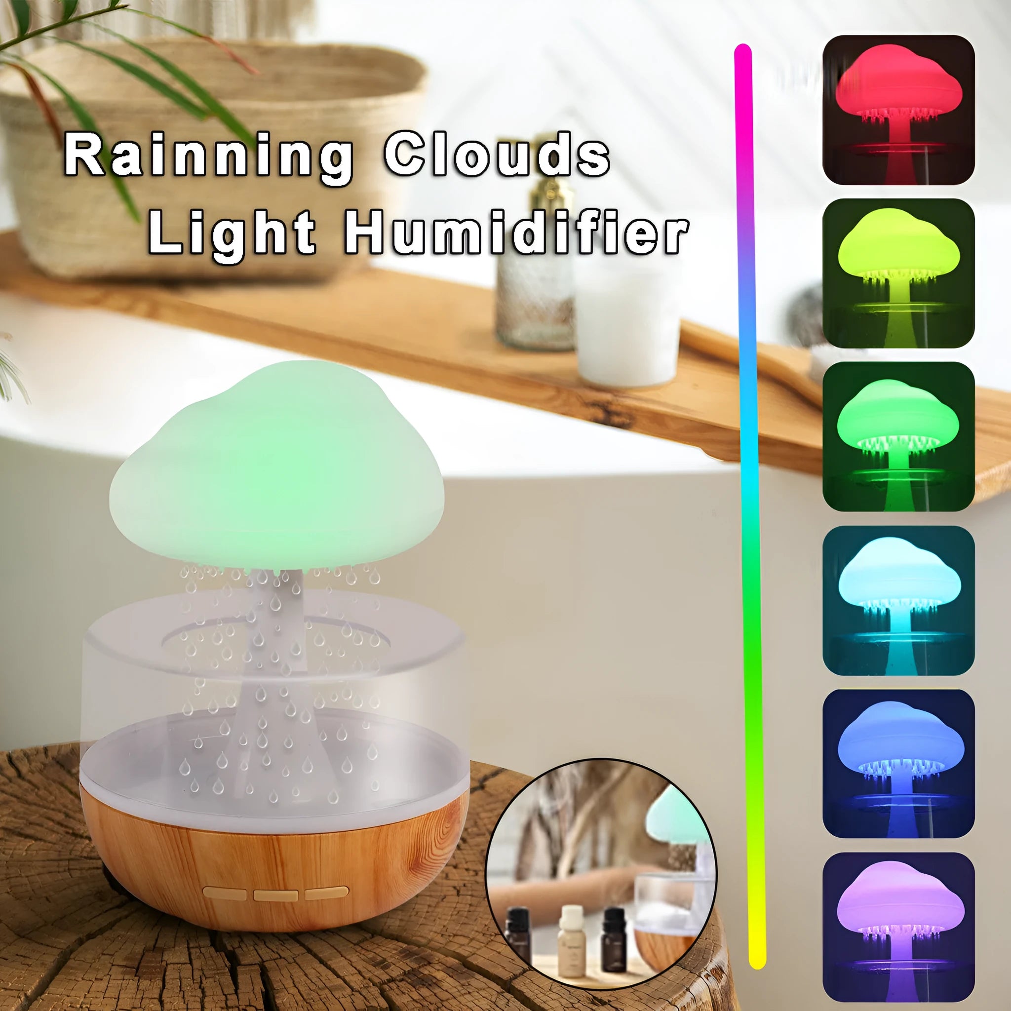 White raining cloud-shaped humidifier with night light and water drop essential oil diffuser.