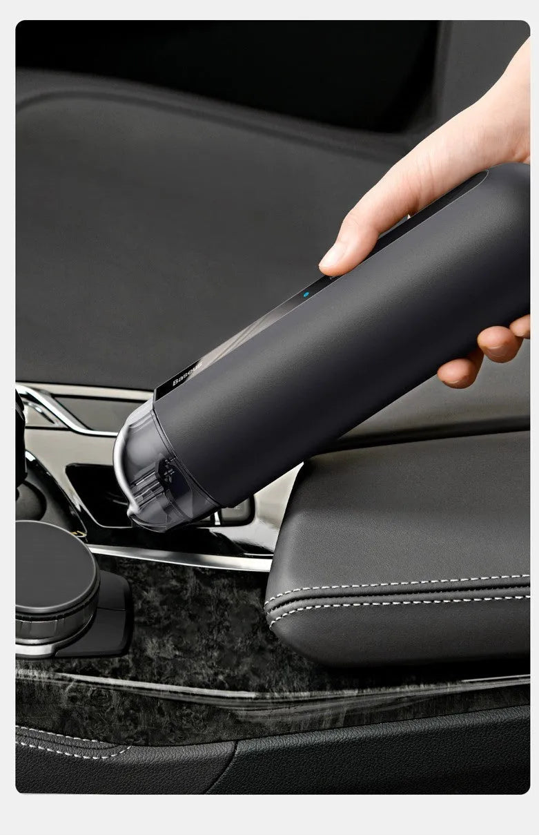 BASEUS wireless handheld car vacuum cleaner in black, white, or green, showing compact size and blowing hose attachment.