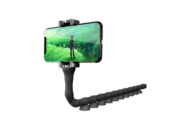 Flexible lazy bracket phone holder with extended 62cm arm showing 360° rotation capability