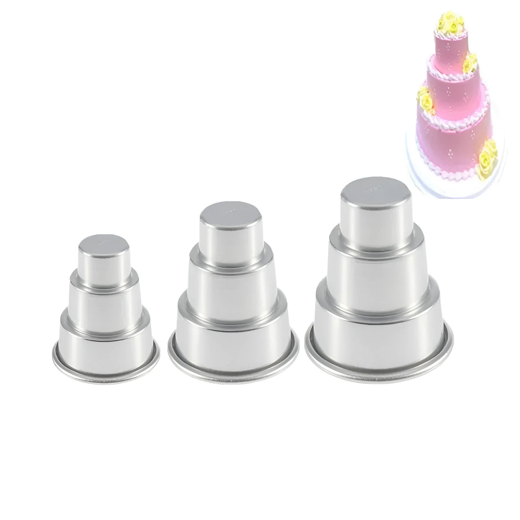 Silver aluminium alloy three-layer cake mould set with large medium small sizes for fondant baking