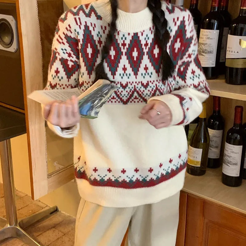 Striped retro loose fit pullover knitted top with long sleeves in white or red
