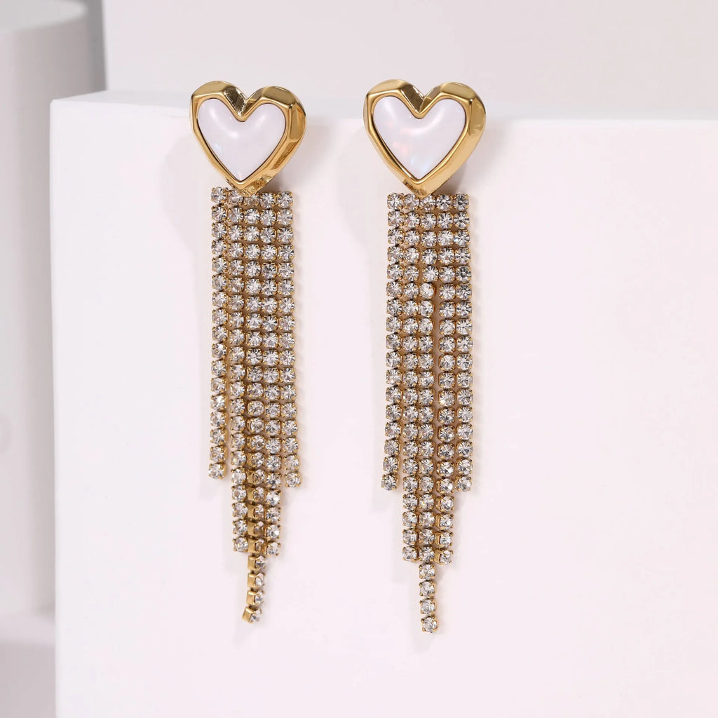 Women's stainless steel earrings with diamond tassel, heart, and star shapes in 18K gold electroplated finish.