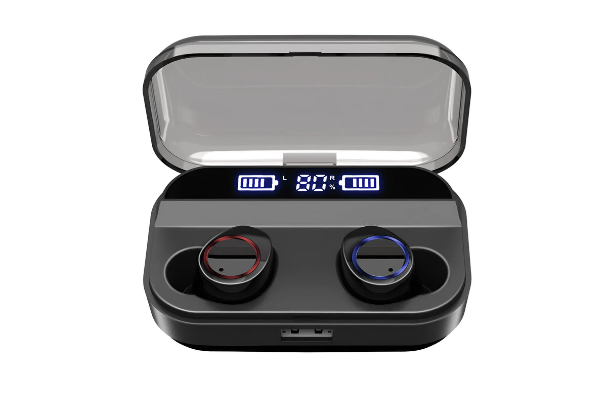 Black X11 wireless Bluetooth earbuds and charging case with silicone ear tips on a white background.