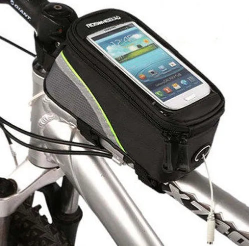 ROSWHEEL black waterproof bicycle frame bag mounted on bike tube holding a mobile phone.