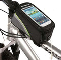 ROSWHEEL black waterproof bicycle frame bag mounted on bike tube holding a mobile phone.