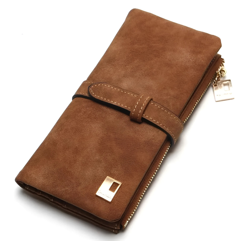 Women's retro matte PU leather long wallet with zipper closure showing interior compartments
