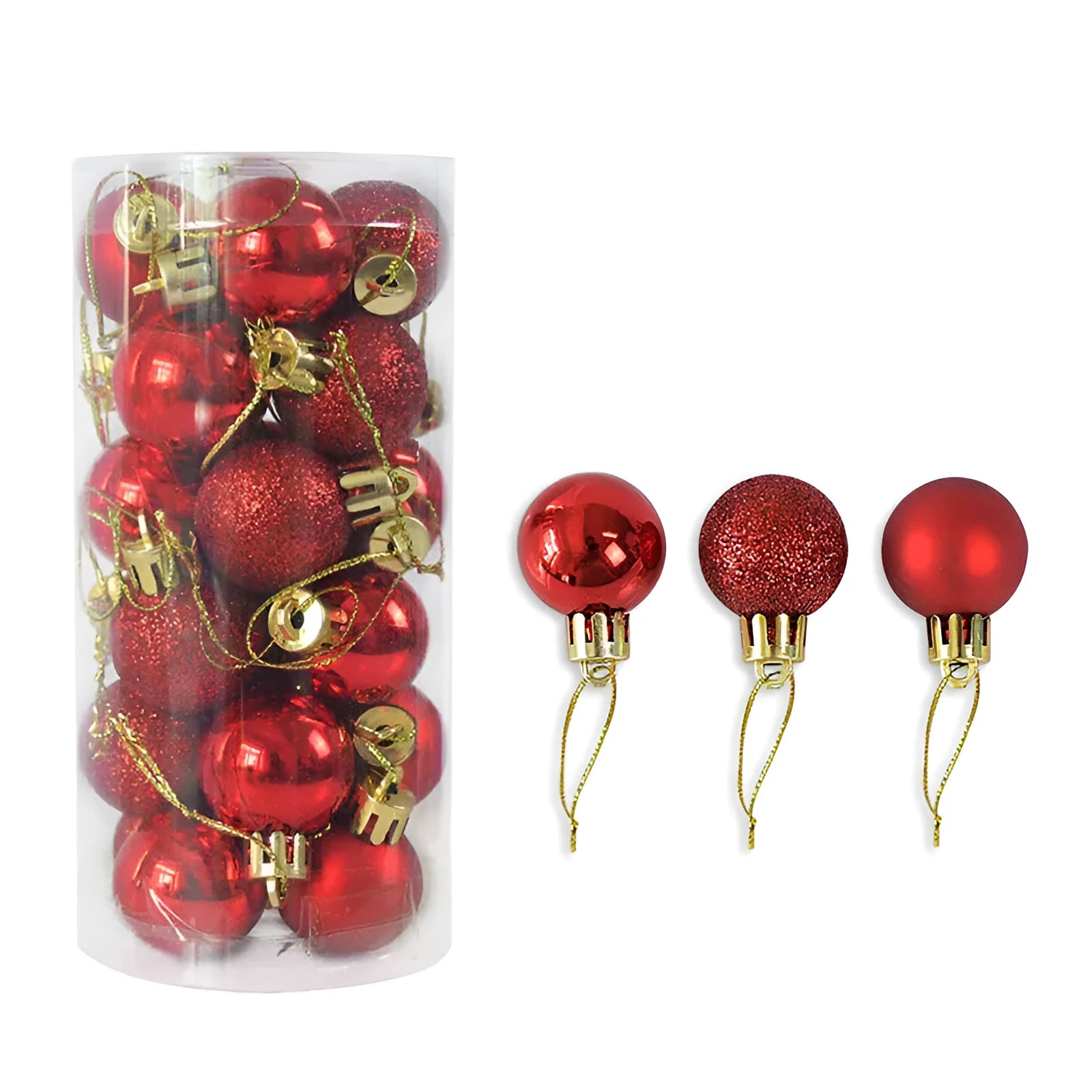 Assorted gold, red, silver and blue 3cm diameter shiny matte Christmas baubles displayed together.