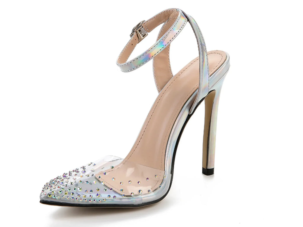 Women's pointed toe diamond sandals with a stiletto heel on a white background.