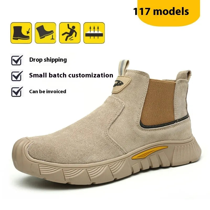 Steel toe cap high-top welding work shoes with front lace-up closure and mid-top design