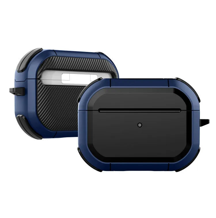 Black TPU and PC protective shell case for Apple AirPods 1, 2 and Pro models on a white background.