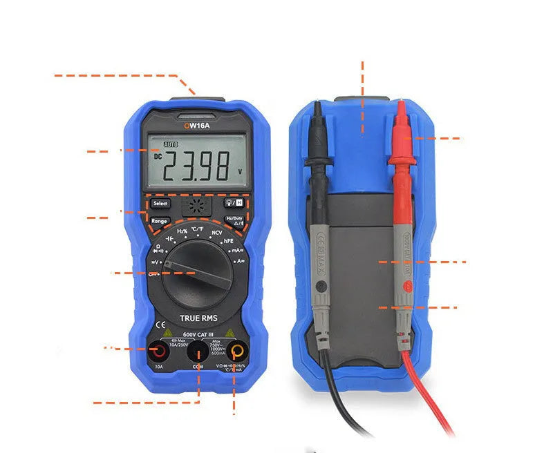 Handheld digital multimeter with display showing NCV and temperature functions