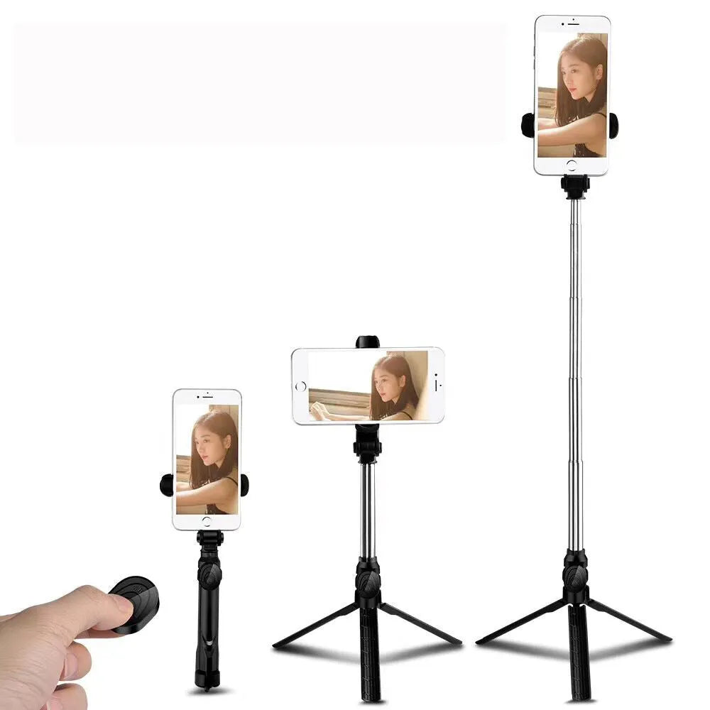 Black Bluetooth selfie stick with extended tripod legs and a phone clip rotated for horizontal filming.
